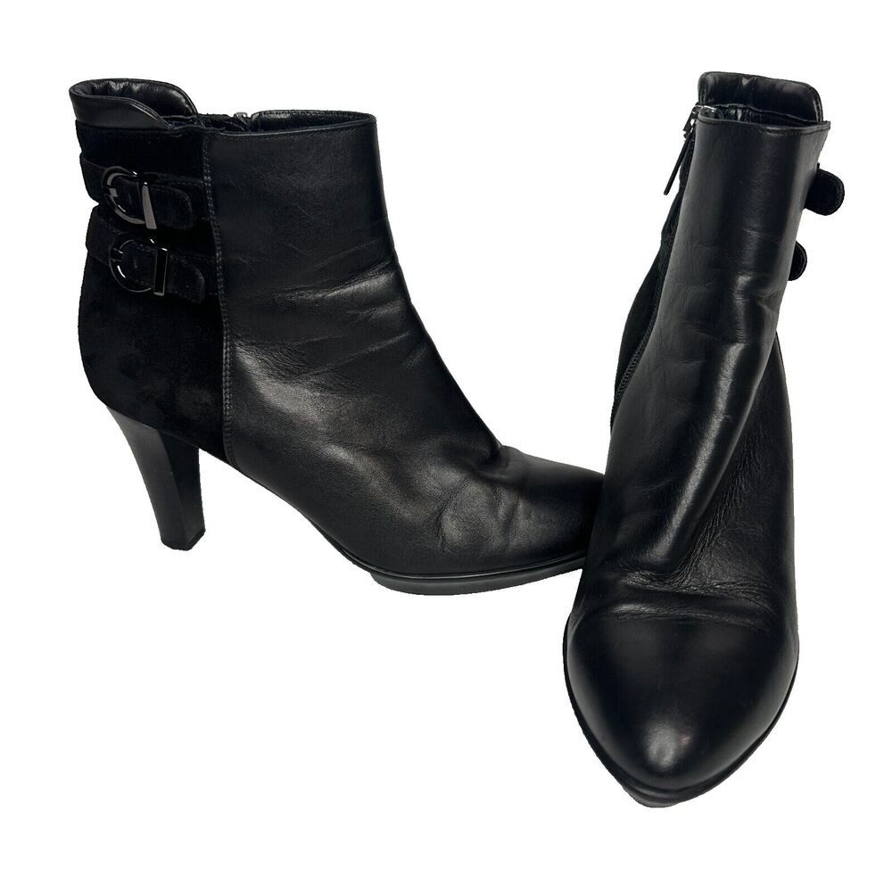 Aquatalia Italian Leather Ankle Boots Roma Black Double Buckle